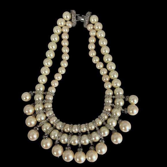 Vintage Carolee Faux Pearl Rhinestone Collar Bib Necklace Chunky Double Strand - Picture 6 of 11